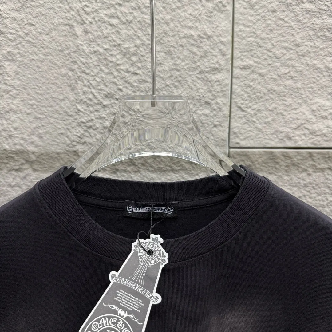 🅿️190 CH Crow Heart 2025 Summer New Style Heavy pickling with gradient distressing Chest logo Horseshoe print Customized fabric Short-sleeved T-shirt Unisex Size: S M L